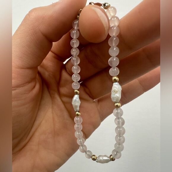 Vintage 14k Yellow Gold Pearl Rose Quartz Bead Ball Bracelet 7" - Picture 6 of 11